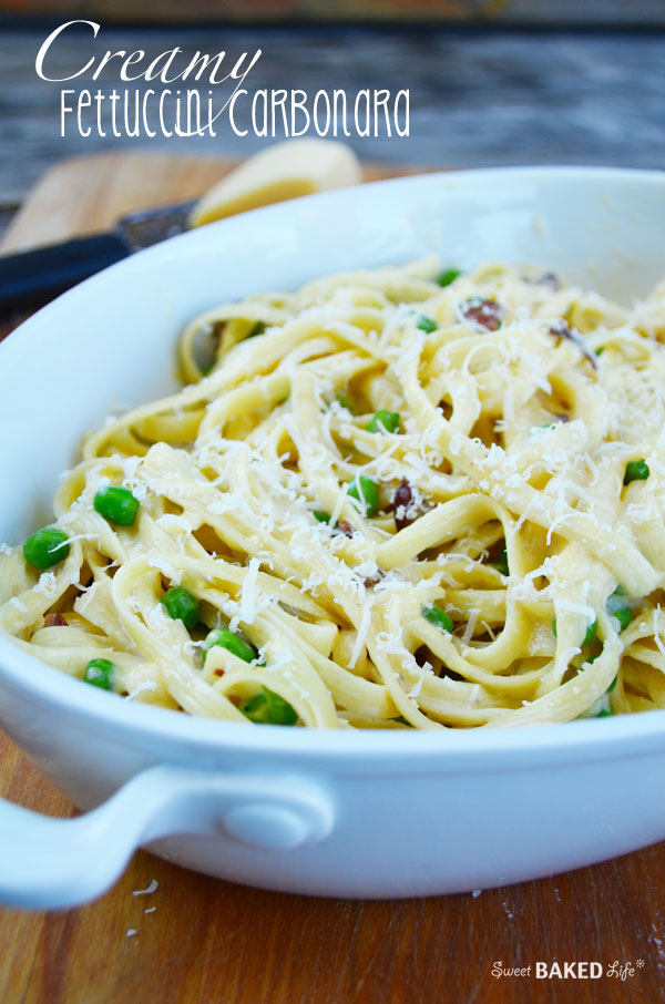 Creamy Fettuccini Carbonara with peas and bacon!