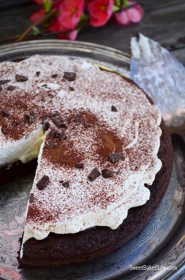 Bailey's Irish Cream Chocolate Cake includes a one-layer Bailey's chocolate cake, topped with Bailey's ganache and slathered with Bailey's whipped cream! | Sweet Baked Life
