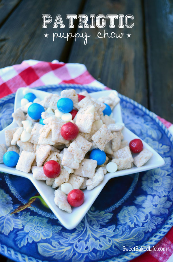 Patriotic Puppy Chow -- chex cereal coated with cake mix and sprinkled with red, white and blue candy. | Sweet Baked Life