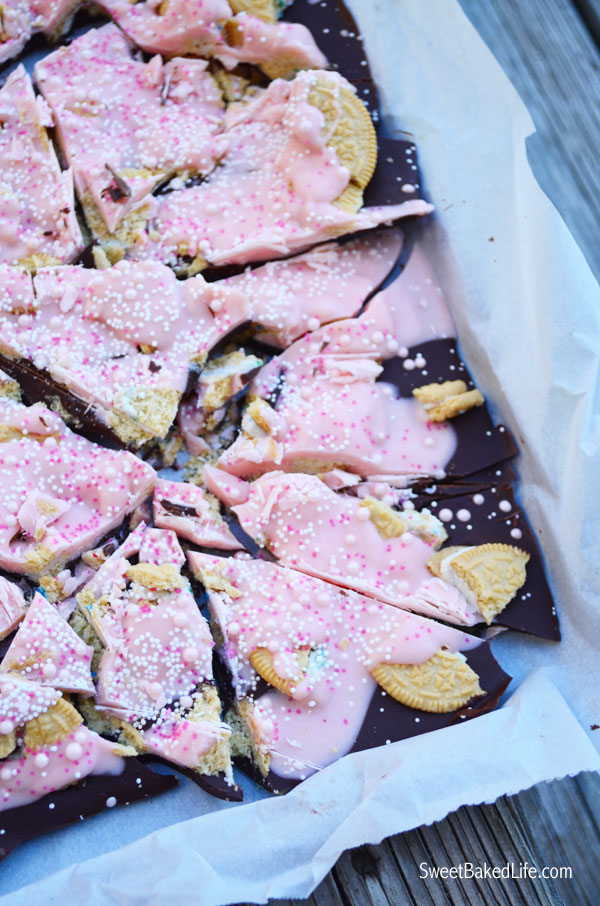 Birthday Cake Bark - a combination of dark and white chocolate along with Golden Oreo Birthday Cake Cookies | Sweet Baked Life