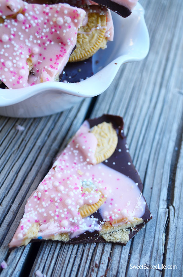 Birthday Cake Bark - a combination of dark and white chocolate along with Golden Oreo Birthday Cake Cookies | Sweet Baked Life