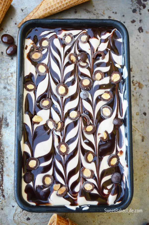 Heavenly no-churn Chocolate Malt Ice Cream with chocolate swirls and chocolate covered almonds | Sweet Baked Life