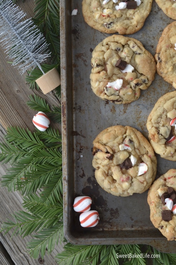 Big, soft and tasty Peppermint Chip Cookies - filled with dark chocolate chunks, white chocolate chips and chopped peppermint candy! @sweetbakedlife