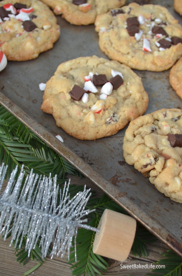 Big, soft and tasty Peppermint Chip Cookies - filled with dark chocolate chunks, white chocolate chips and chopped peppermint candy! @sweetbakedlife