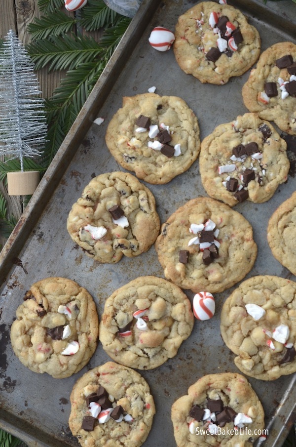 Big, soft and tasty Peppermint Chip Cookies - filled with dark chocolate chunks, white chocolate chips and chopped peppermint candy! @sweetbakedlife