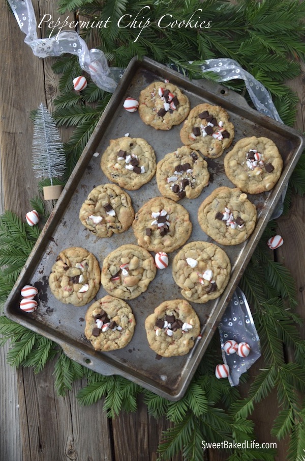 Big, soft and tasty Peppermint Chip Cookies - filled with dark chocolate chunks, white chocolate chips and chopped peppermint candy! @sweetbakedlife