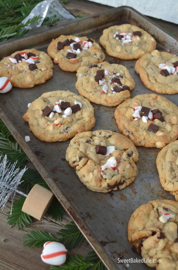 Big, soft and tasty Peppermint Chip Cookies - filled with dark chocolate chunks, white chocolate chips and chopped peppermint candy! @sweetbakedlife