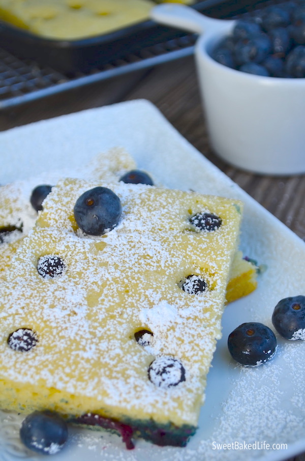Quick, easy and healthy Blueberry Sheet Pan Pancakes @ sweetbakedlife