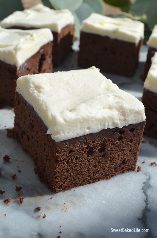 A cold chocolate snacking cake with creamy frosting both infused with the flavors of Baileys Irish cream. @sweetbakedlife